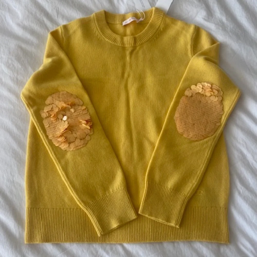 Tory Burch Jasmine Yellow Cashmere Sweater w/ Sequined Elbow Patches - Picture 1 of 9